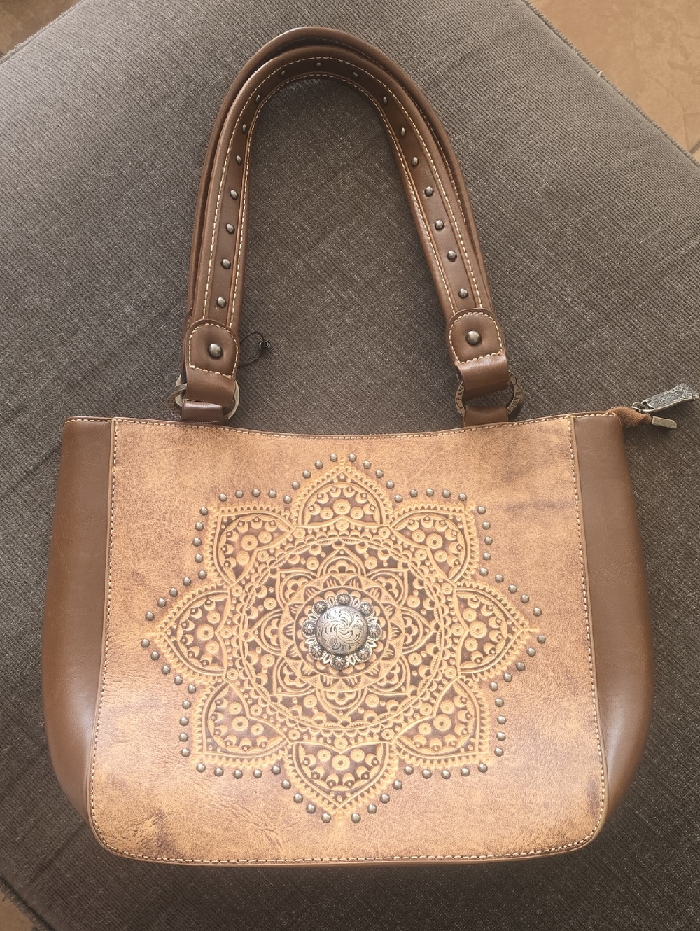 Tan Embossed Floral Medallion Shoulder Bag for Women